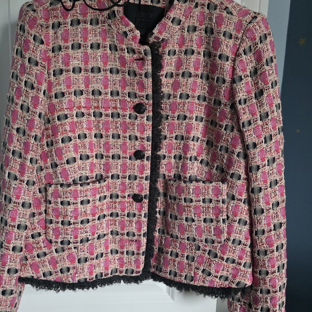 J. Crew Collection Pink and Black Checkered Metallic Tweed Blazer 10 Jenna Lyons